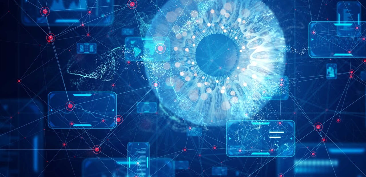 Abstract high-tech images connected by thin lines and red dots