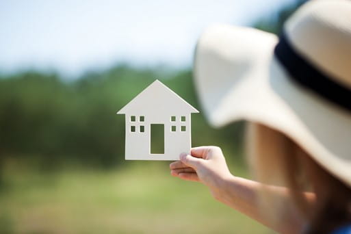 Person holding an object looking like the front of a house.